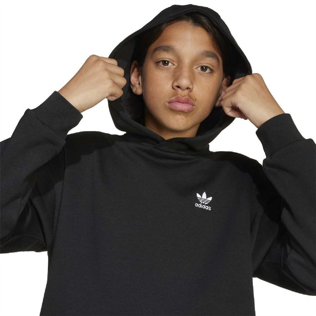 Black junior adidas hoodie sweatshirt with hood up and small front trefoil logo.