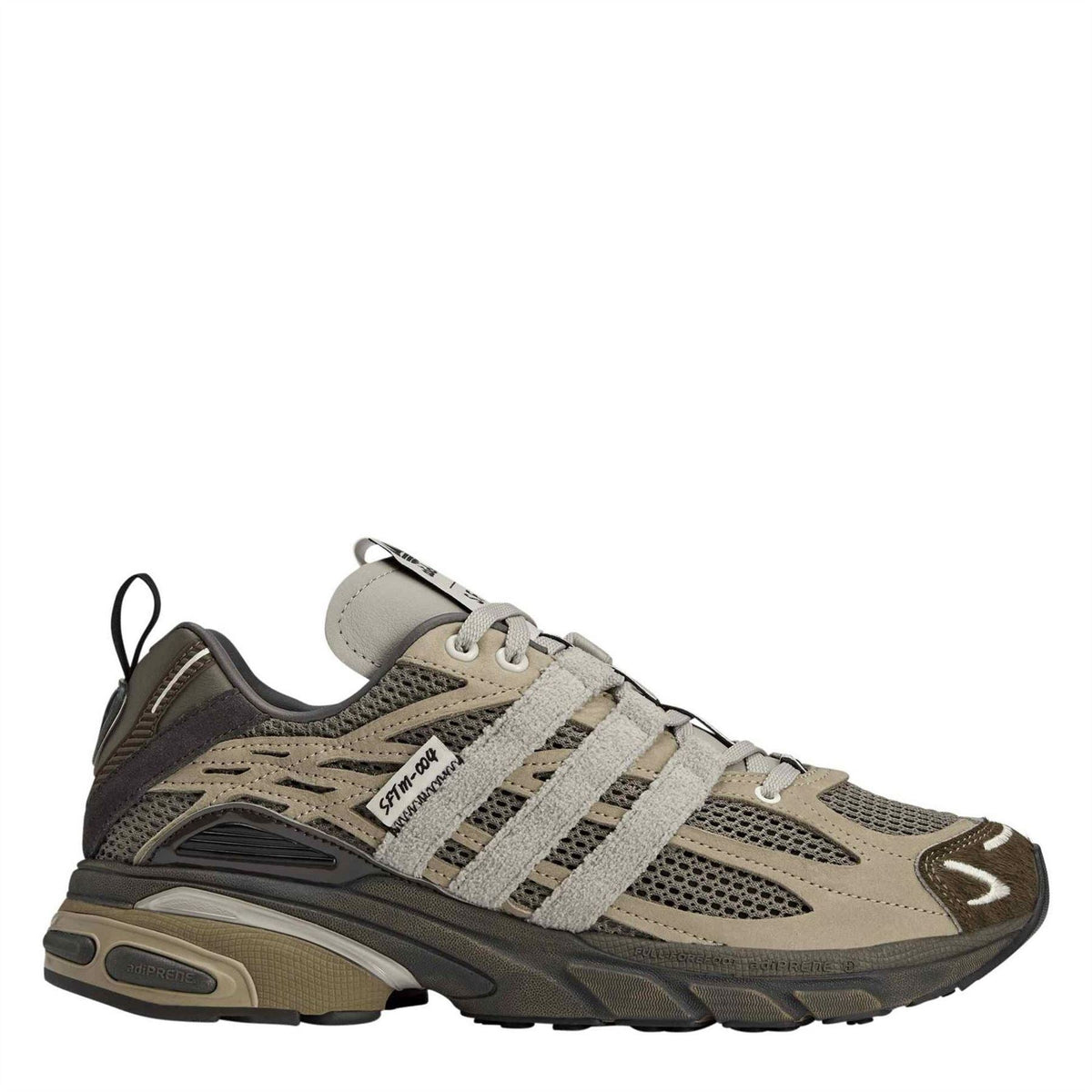 Tan low-top walking shoes with mesh panels, lace-up closure, cushioned sole