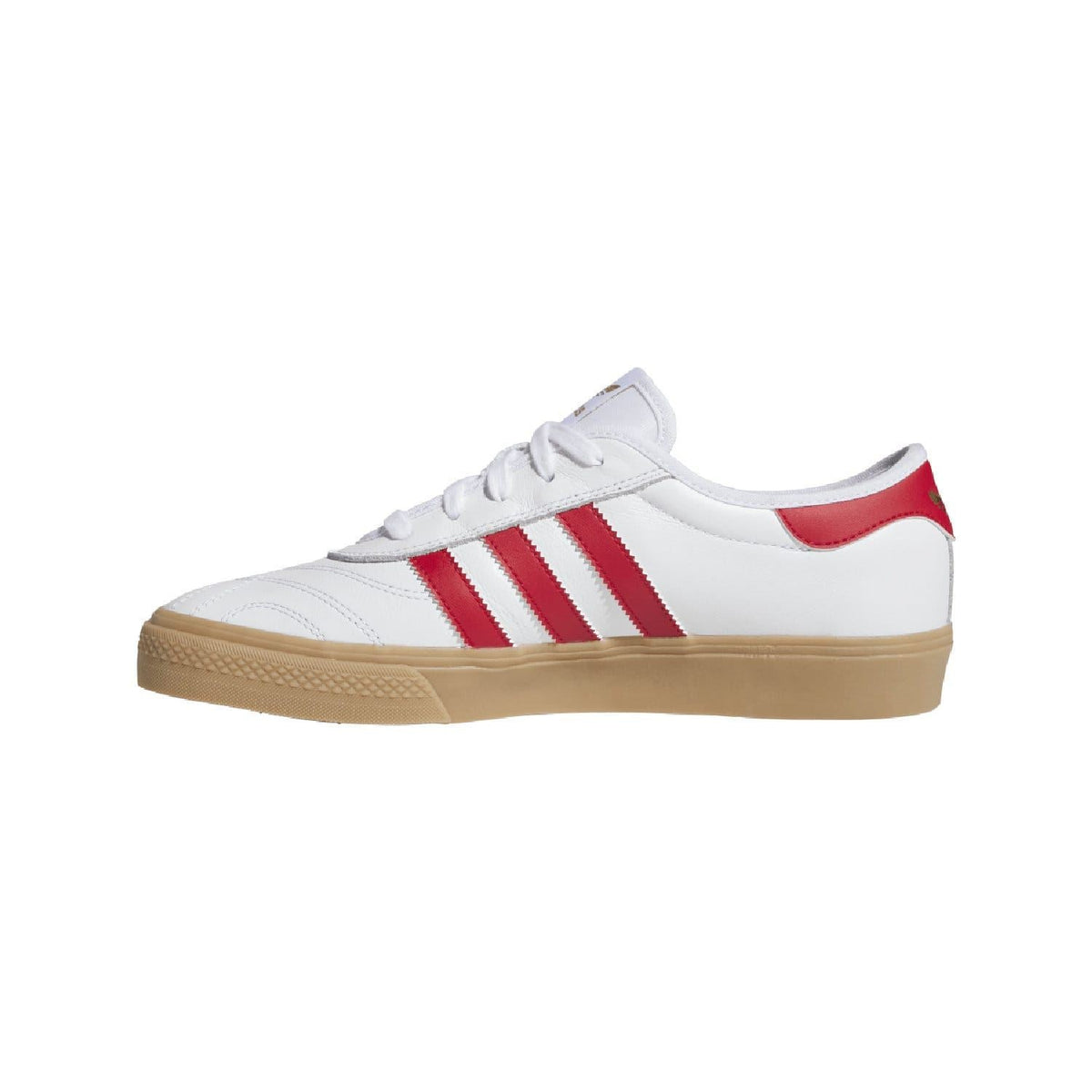 White adidas Adiease trainers with red triple stripes and gum-brown trim