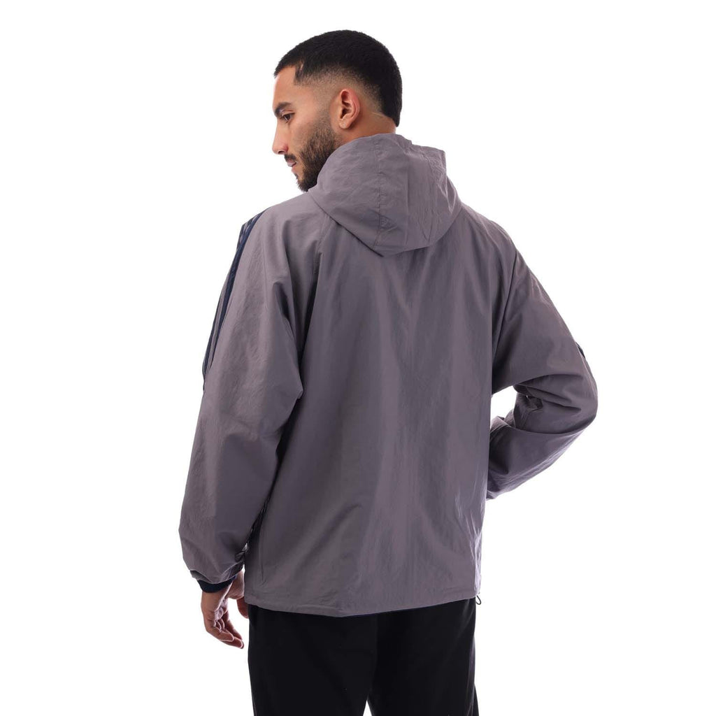 Gray windbreaker jacket with hood and full zip, back view