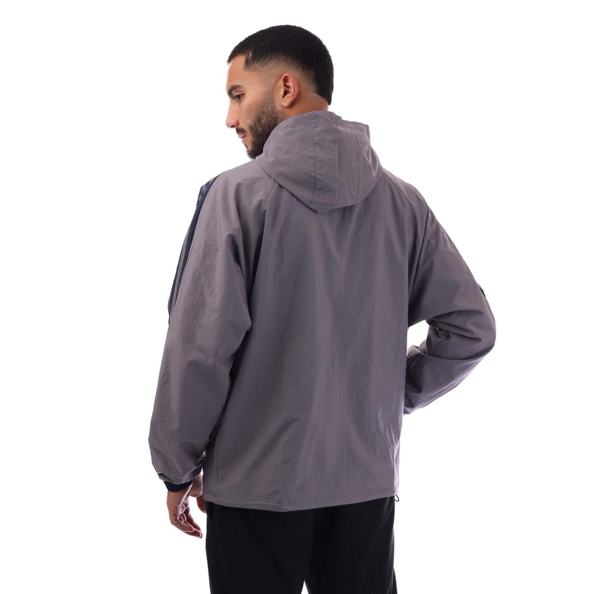 Gray windbreaker jacket with hood and full zip, back view