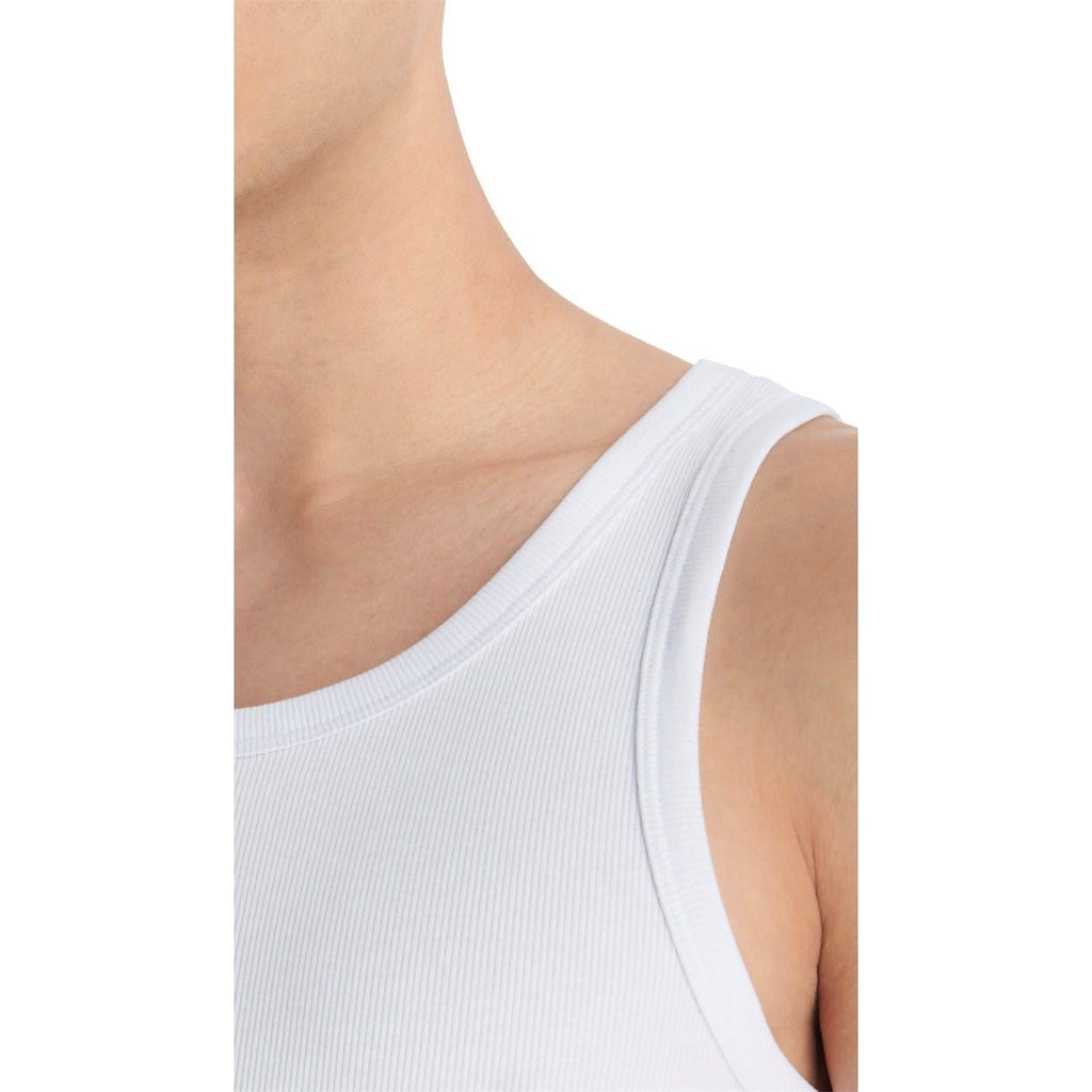 White ribbed tank collar detail with scoop neckline and sleeveless armhole seam