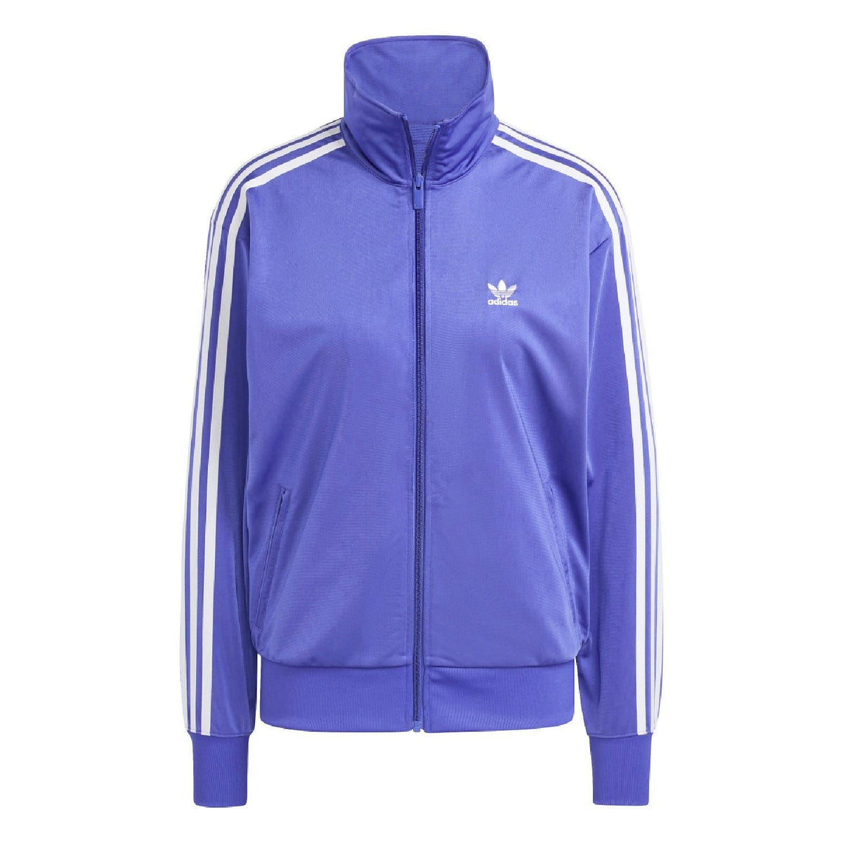 Purple hooded track jacket with white side stripes and adidas trefoil logo