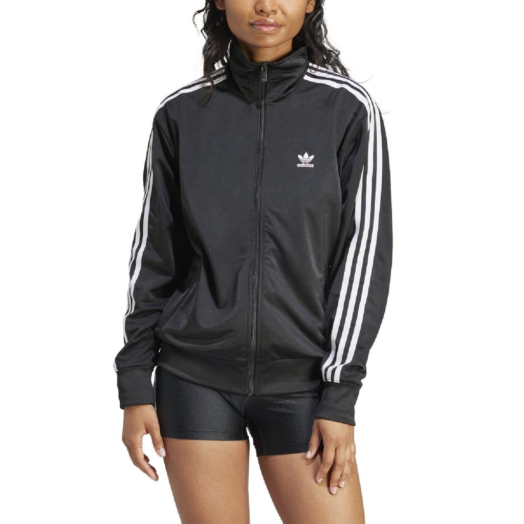 Black adidas Originals track jacket with stand collar and white triple stripe sleeves