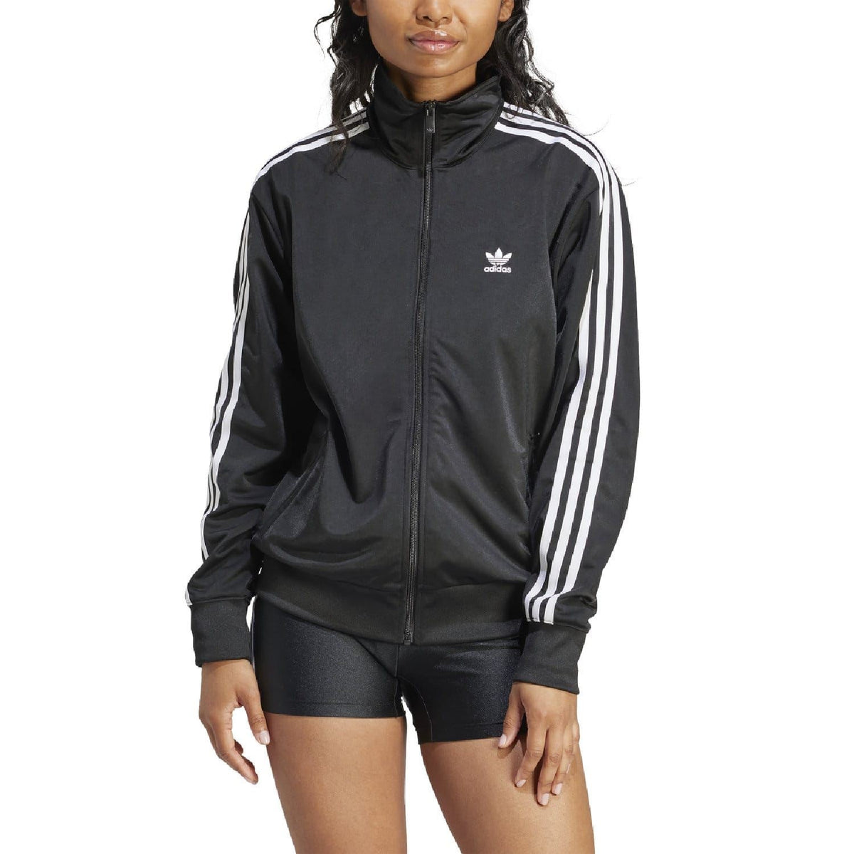 Black adidas Originals track jacket with stand collar and white triple stripe sleeves