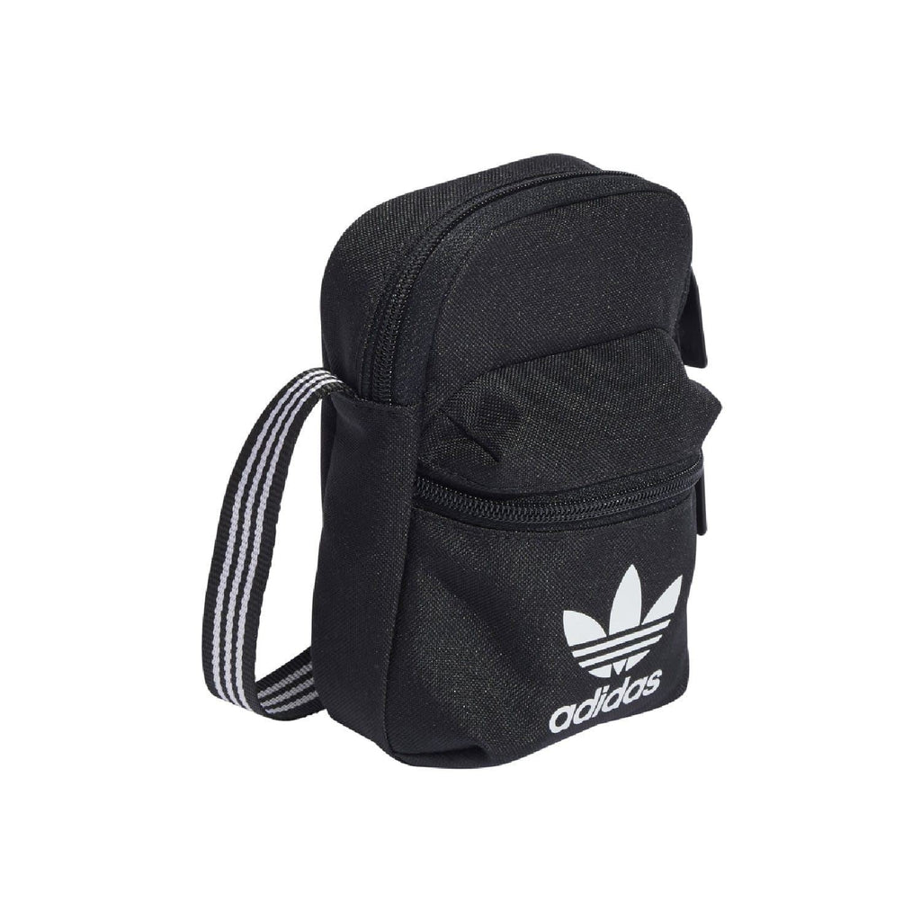 Black adidas Originals festival bag side view with adidas logo and crossbody strap
