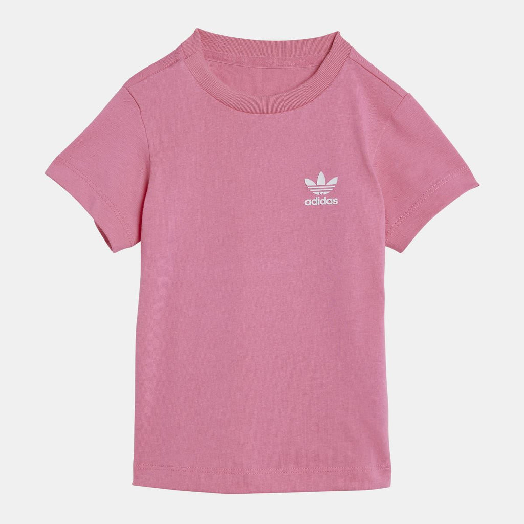 Infants pink T-shirt with adidas logo on chest and ribbed crew neck