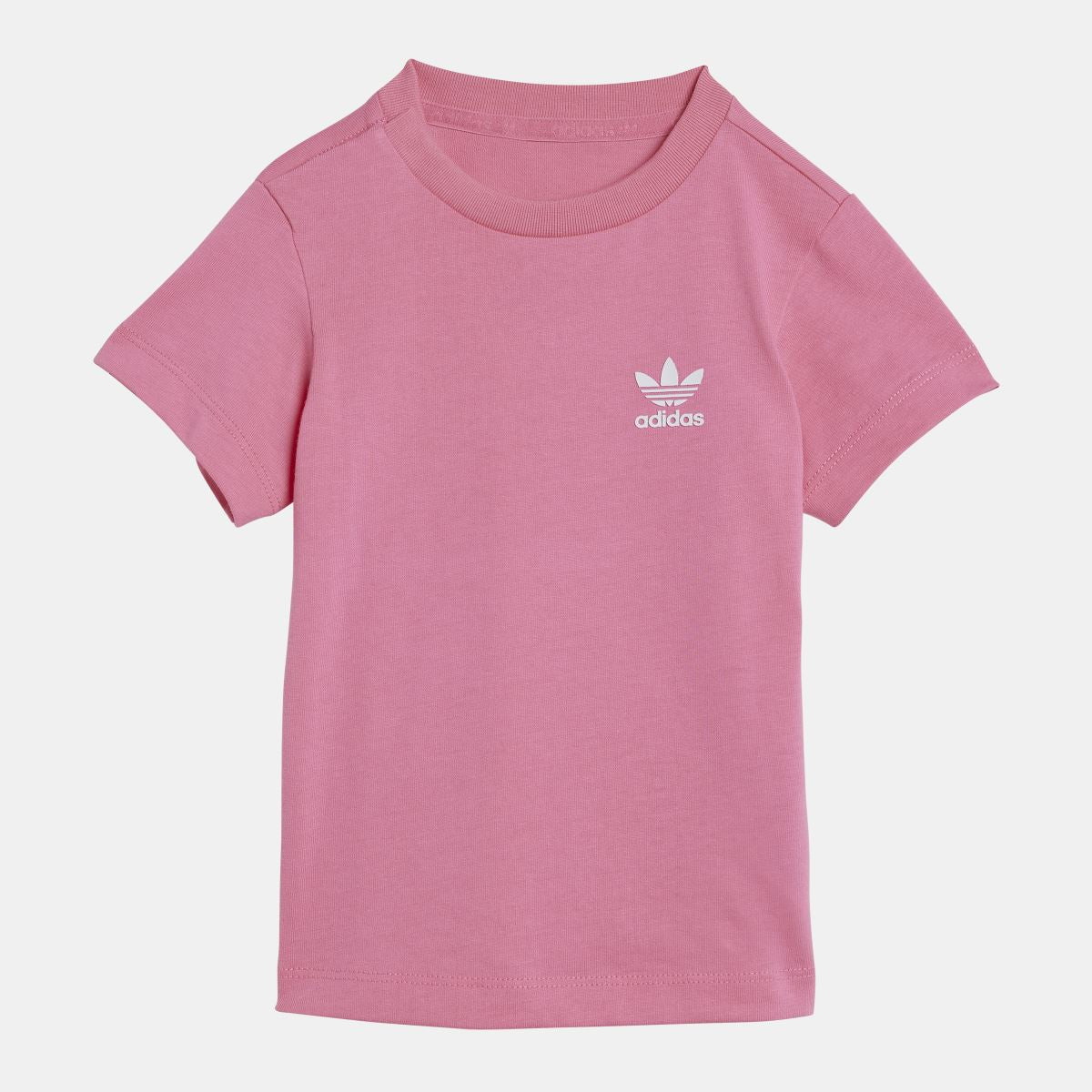 Infants pink T-shirt with adidas logo on chest and ribbed crew neck