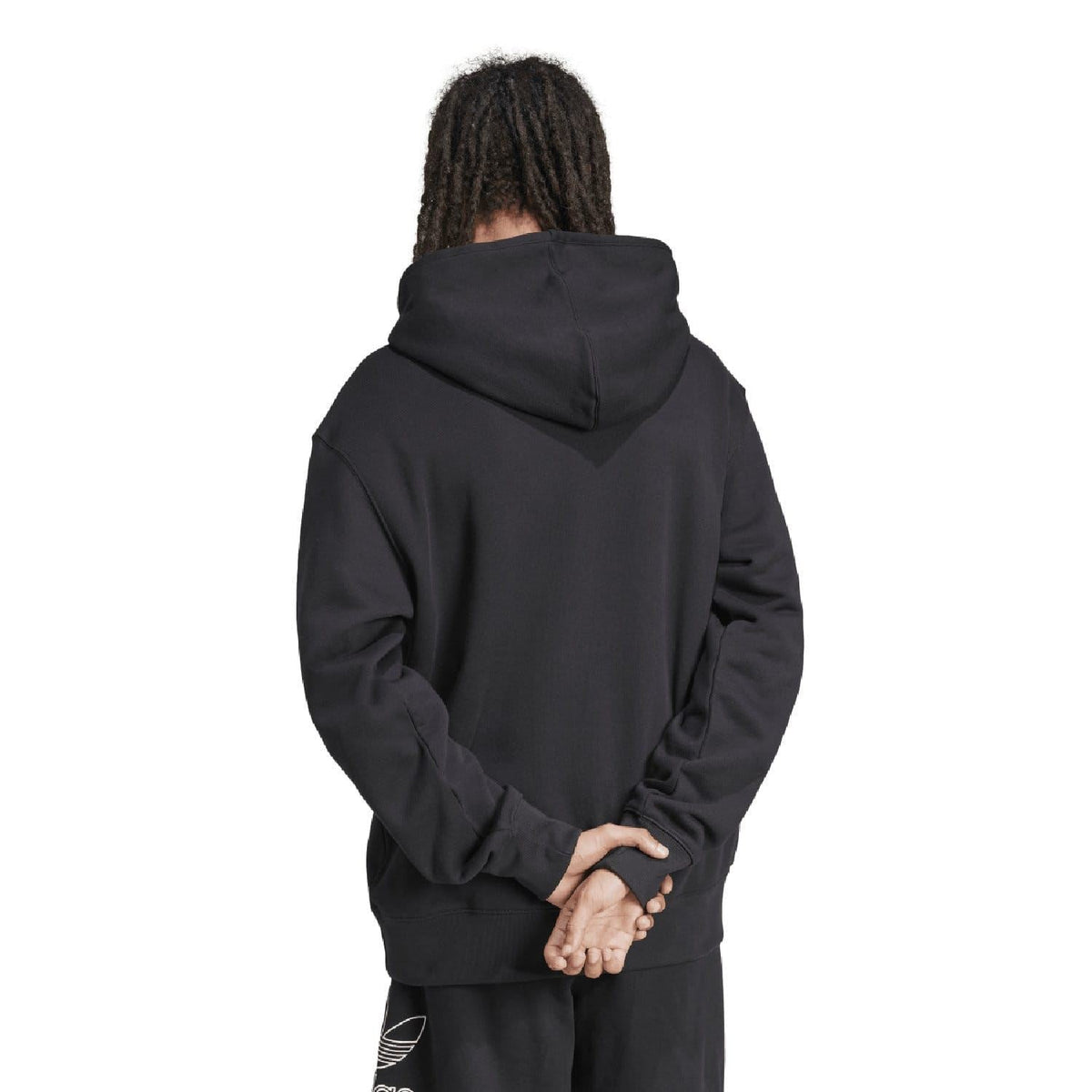 Black hoodie from the back with full hood and long sleeves