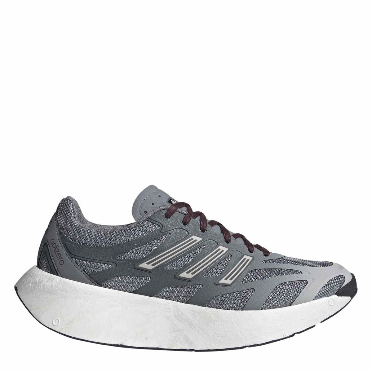 adidas Originals Adizero Aruku shoes in grey knit with maroon laces and white sole