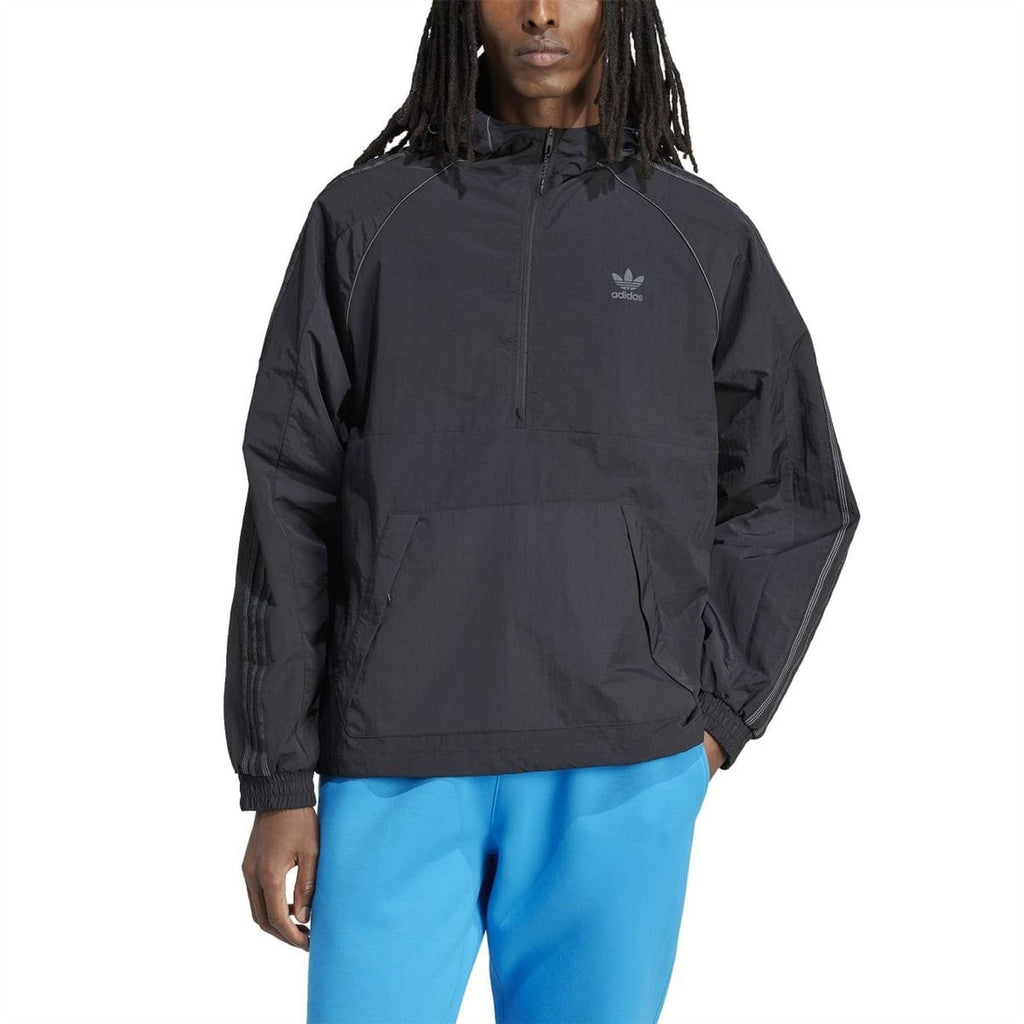 Black adidas hooded wind jacket with full zip and trefoil logo on chest