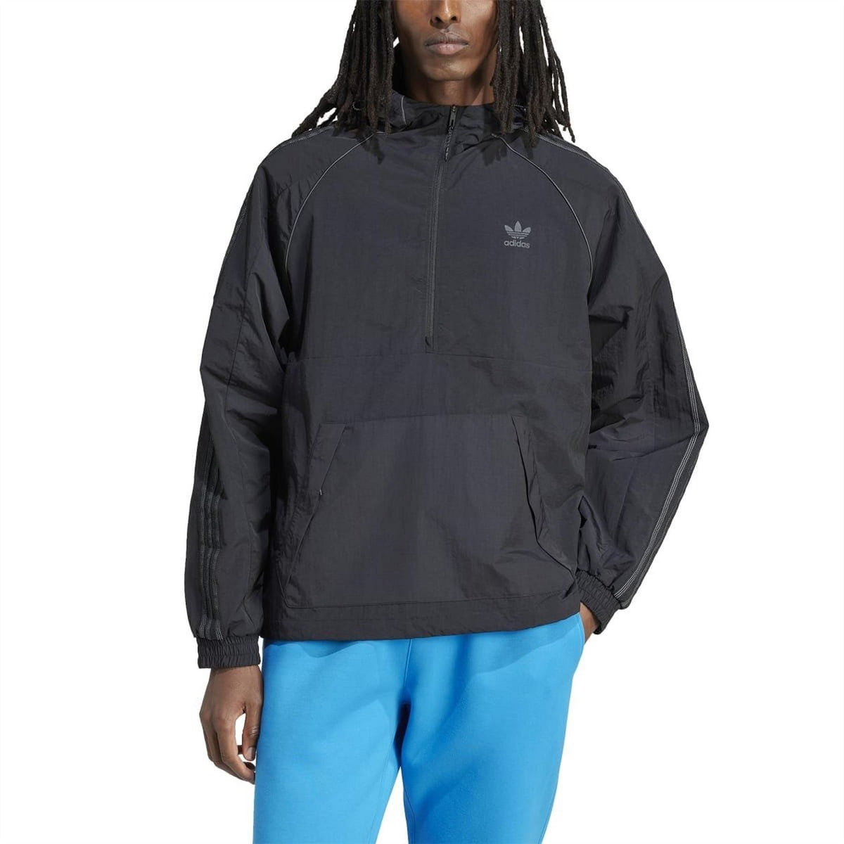 Black adidas hooded wind jacket with full zip and trefoil logo on chest