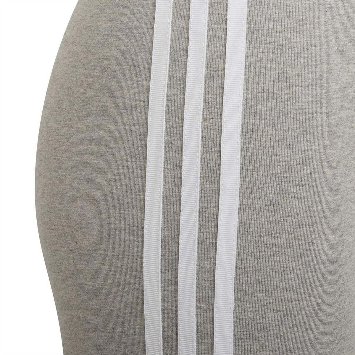 Grey fabric shorts with vertical triple white side stripes along the leg seam