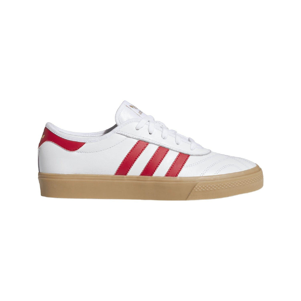White adidas Adiease trainers with red triple stripes and gum-brown rubber sole