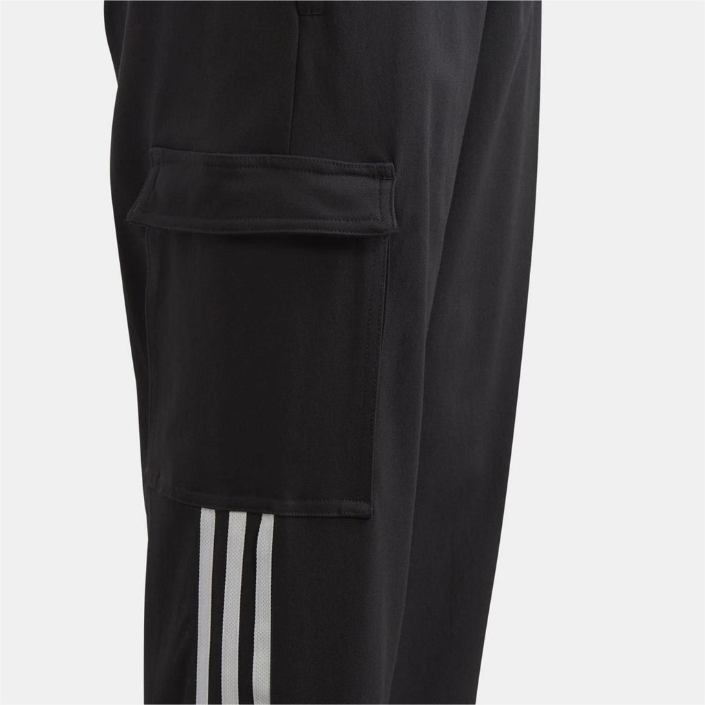 Black cargo trousers with side utility pocket and straight front seam