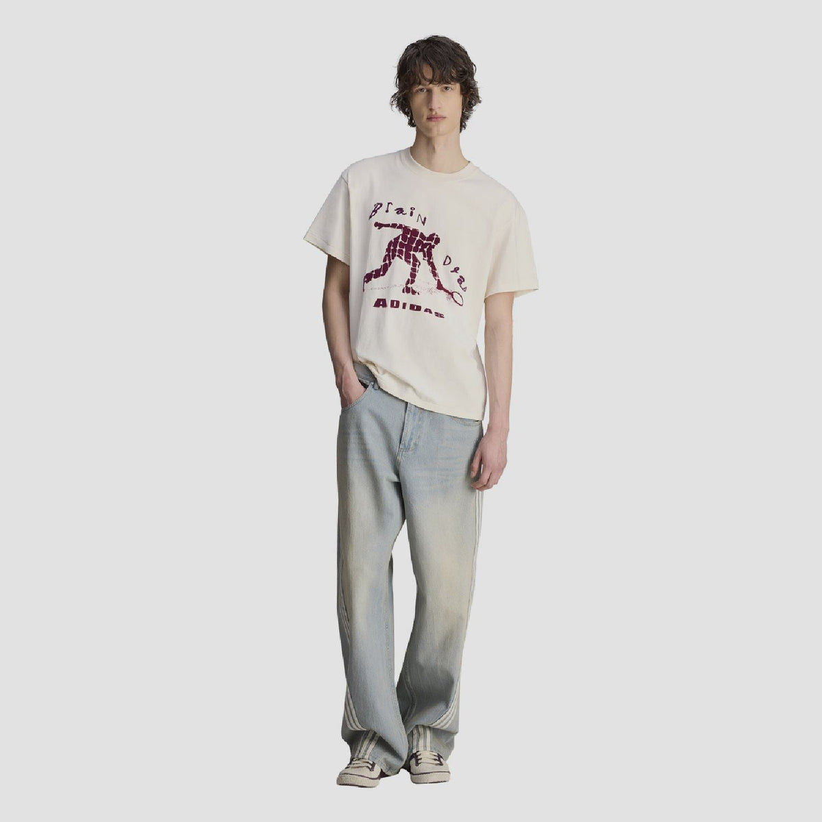 Cream T-shirt front with purple robot graphic and 'ADIDAS' lettering