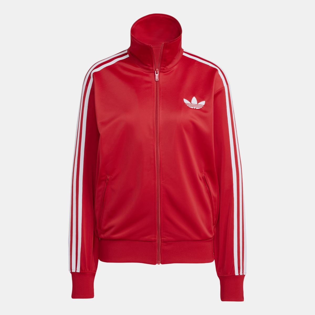 Red adidas Originals track top with full-zip, hood, and white triple side stripes