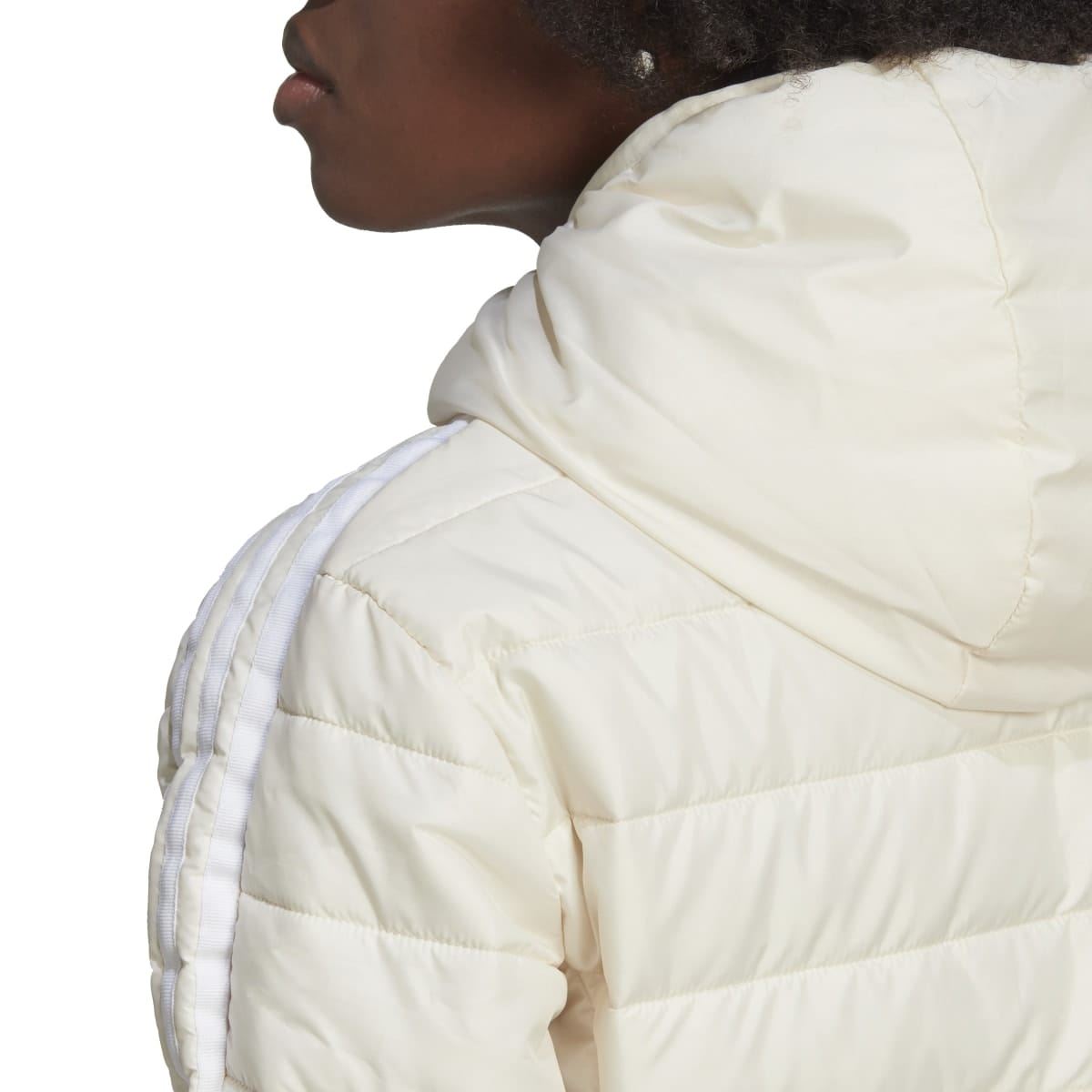 Off-white hooded puffer jacket back view with padded horizontal quilting