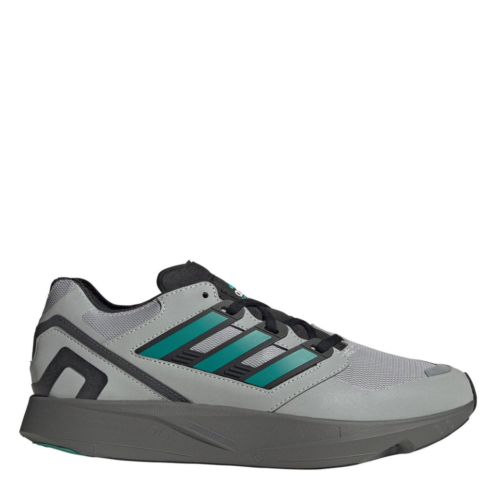 Light gray and black low-top sneakers with teal striped adidas detailing