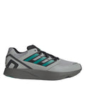 Light gray and black low-top sneakers with teal striped adidas detailing