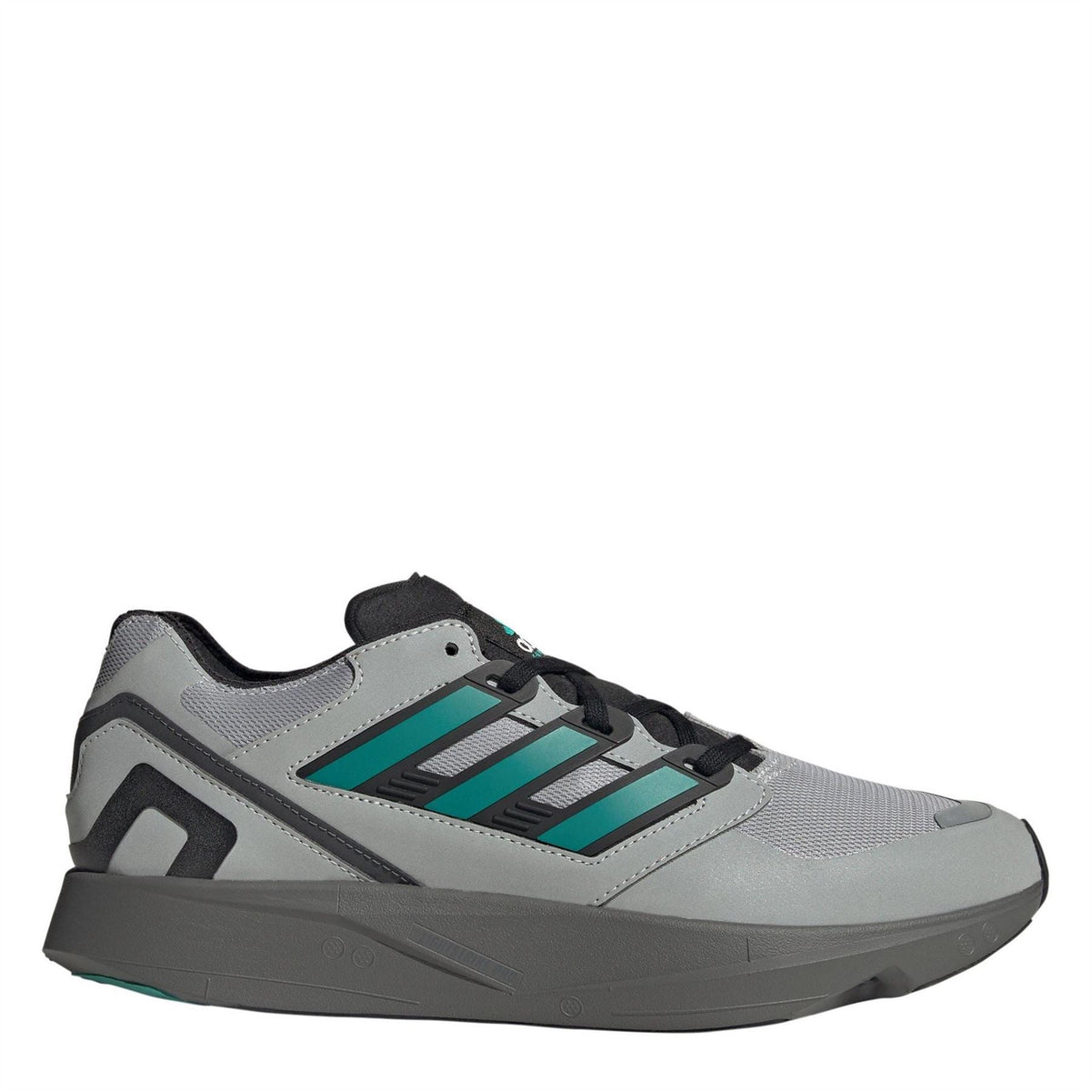 Light gray and black low-top sneakers with teal striped adidas detailing
