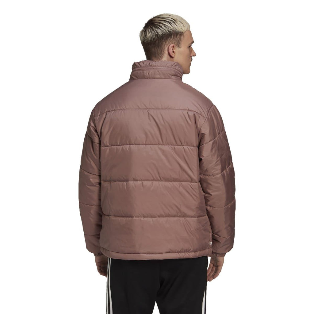 Burgundy padded puffer jacket with hood and full-zip back view