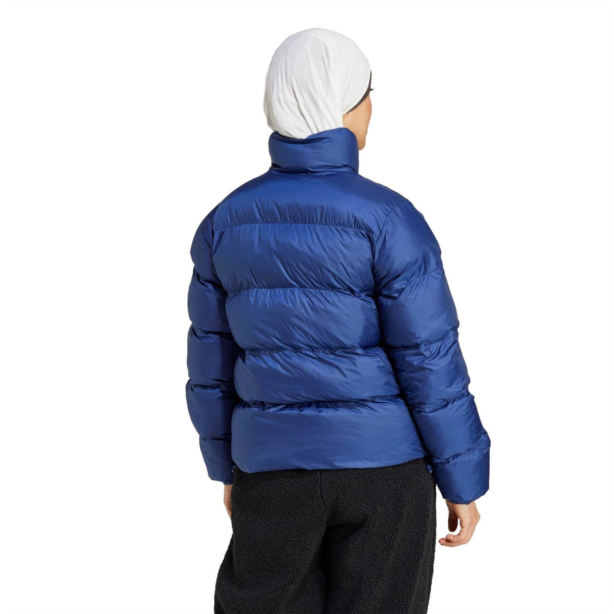 adidas Originals dark blue puffer jacket, rear view with hooded collar and zip