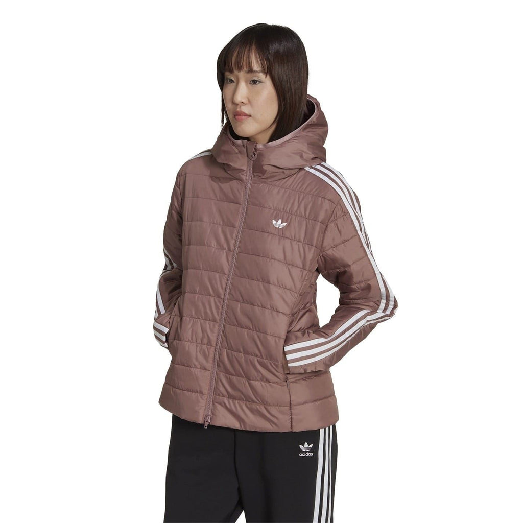 Hooded short slim-fit puffer jacket with adidas trefoil and striped sleeves