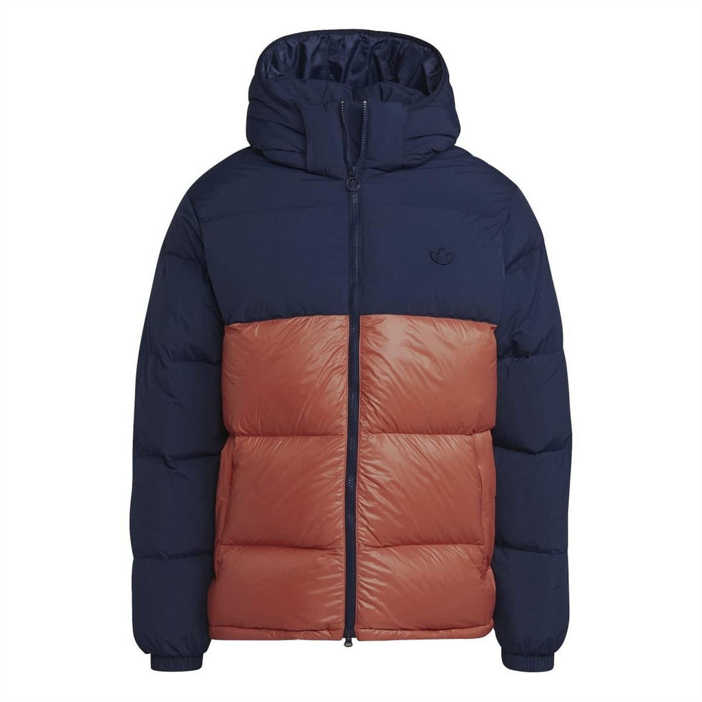 Hooded puffer jacket with navy sleeves and rust-orange quilted front, full zip