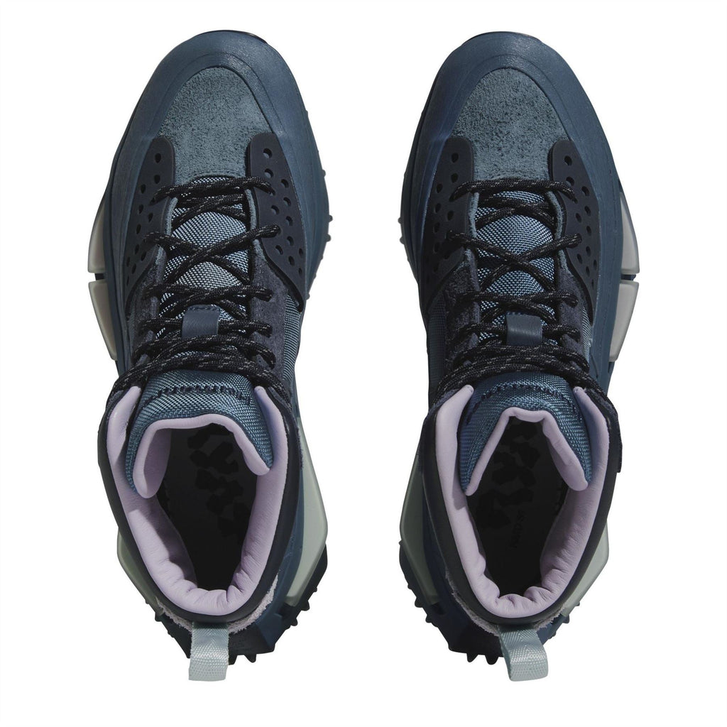 Altered Blue sneaker top view with black laces, light lining, and padded collar