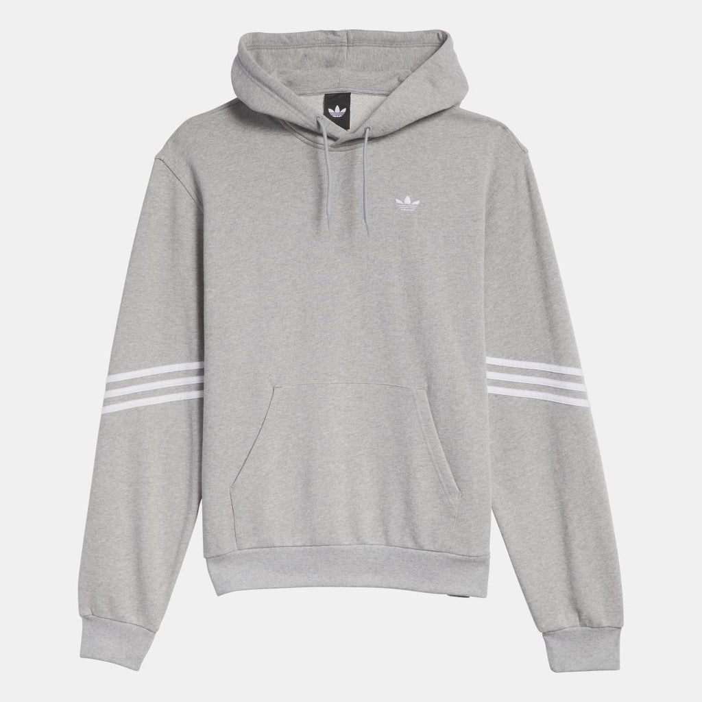Grey adidas Originals hoodie with drawstring hood, kangaroo pocket, and chest logo.