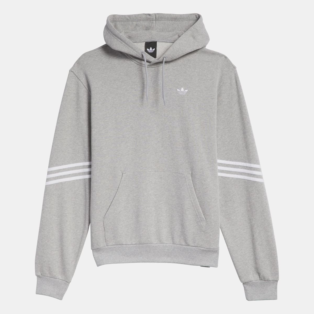 Grey adidas Originals hoodie with drawstring hood, kangaroo pocket, and chest logo.