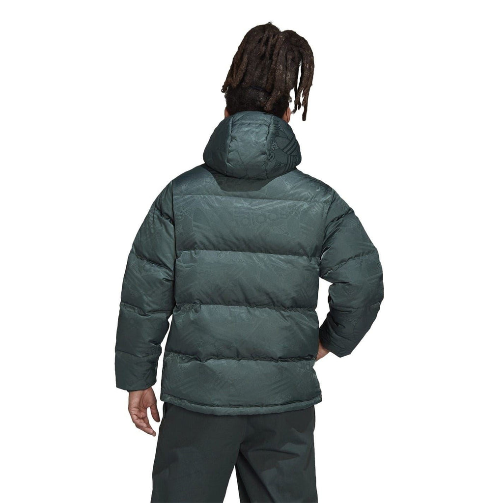 Back view hooded puffer jacket with full zip, dark green, quilted panels