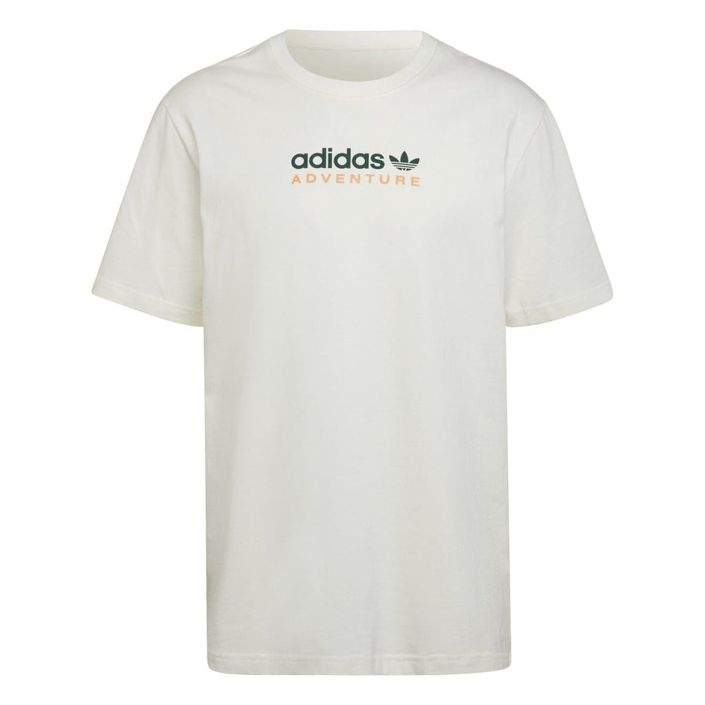 Off-white crew-neck adidas Adventure T-shirt with short sleeves and front logo graphic