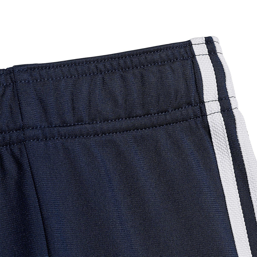 Infants navy adidas jogger waistband with elastic waist and white side stripe panel.