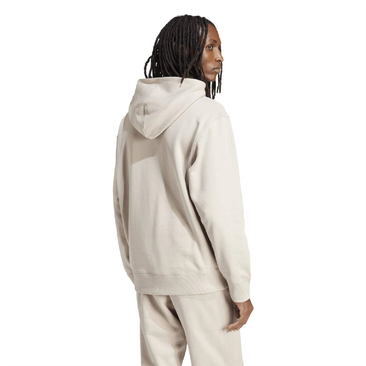 adidas Originals beige hoodie back view with hood and ribbed cuffs