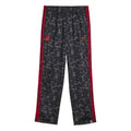 Black camo track pants with red side stripes and trefoil logo on thigh