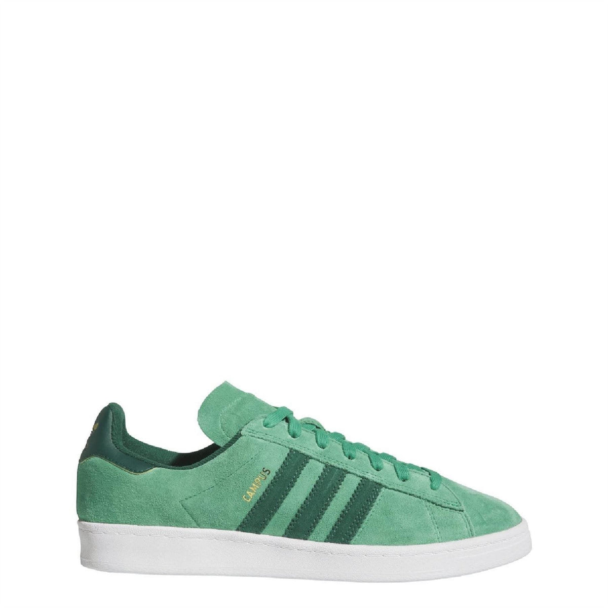 Green adidas Originals low-top trainer, side view with lace-up front and three-bar stripes