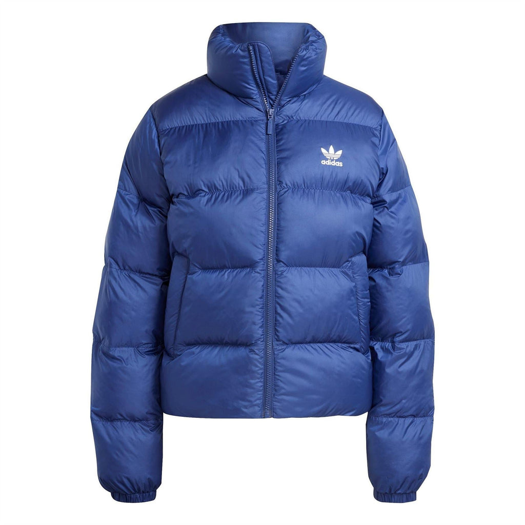 adidas Originals dark blue puffer jacket with full zip and hood, front logo