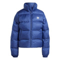adidas Originals dark blue puffer jacket with full zip and hood, front logo