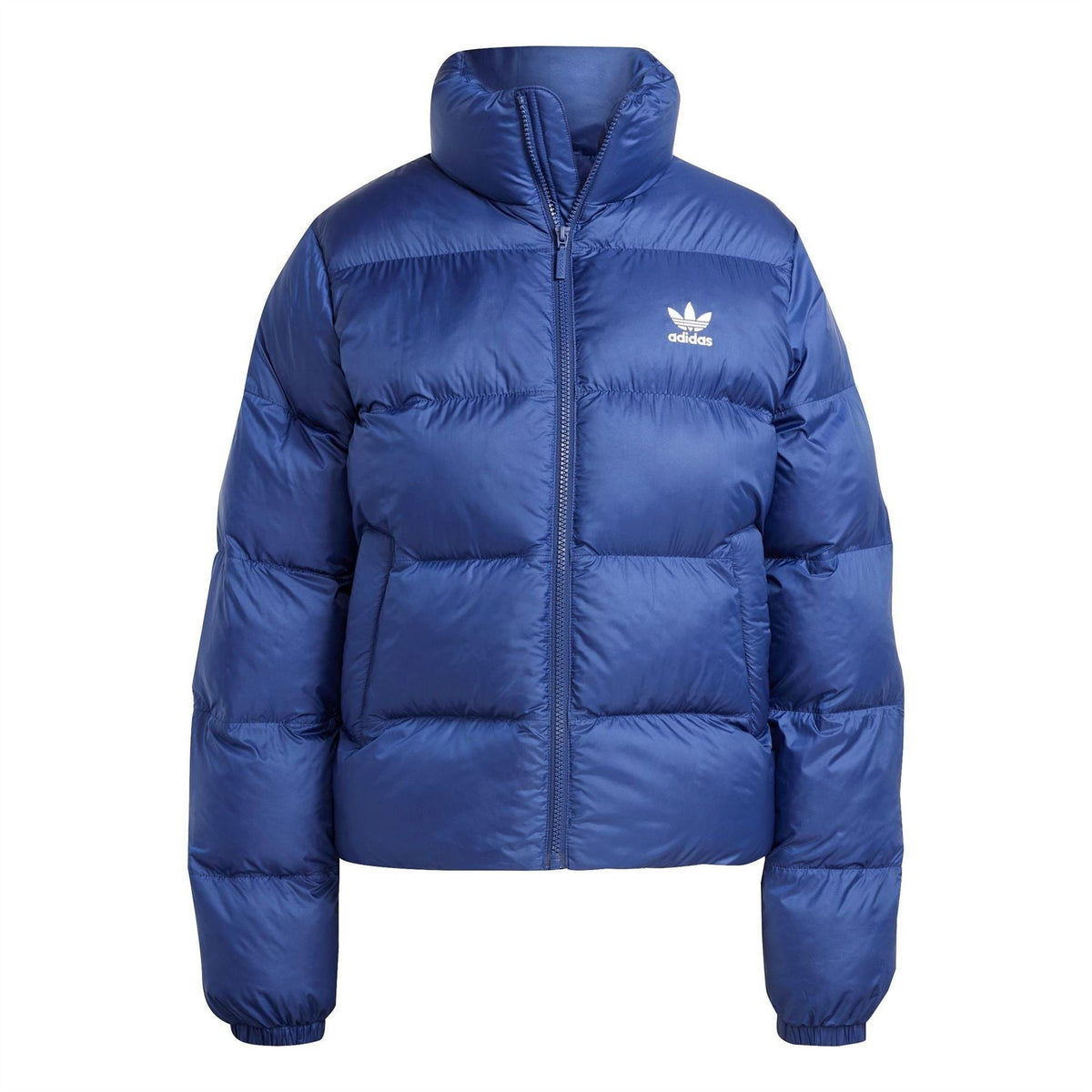 adidas Originals dark blue puffer jacket with full zip and hood, front logo
