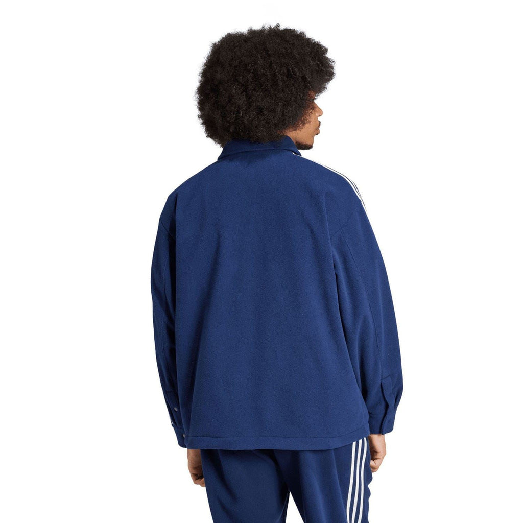 Indigo adidas fleece track shirt back view with three white stripe details on sleeves