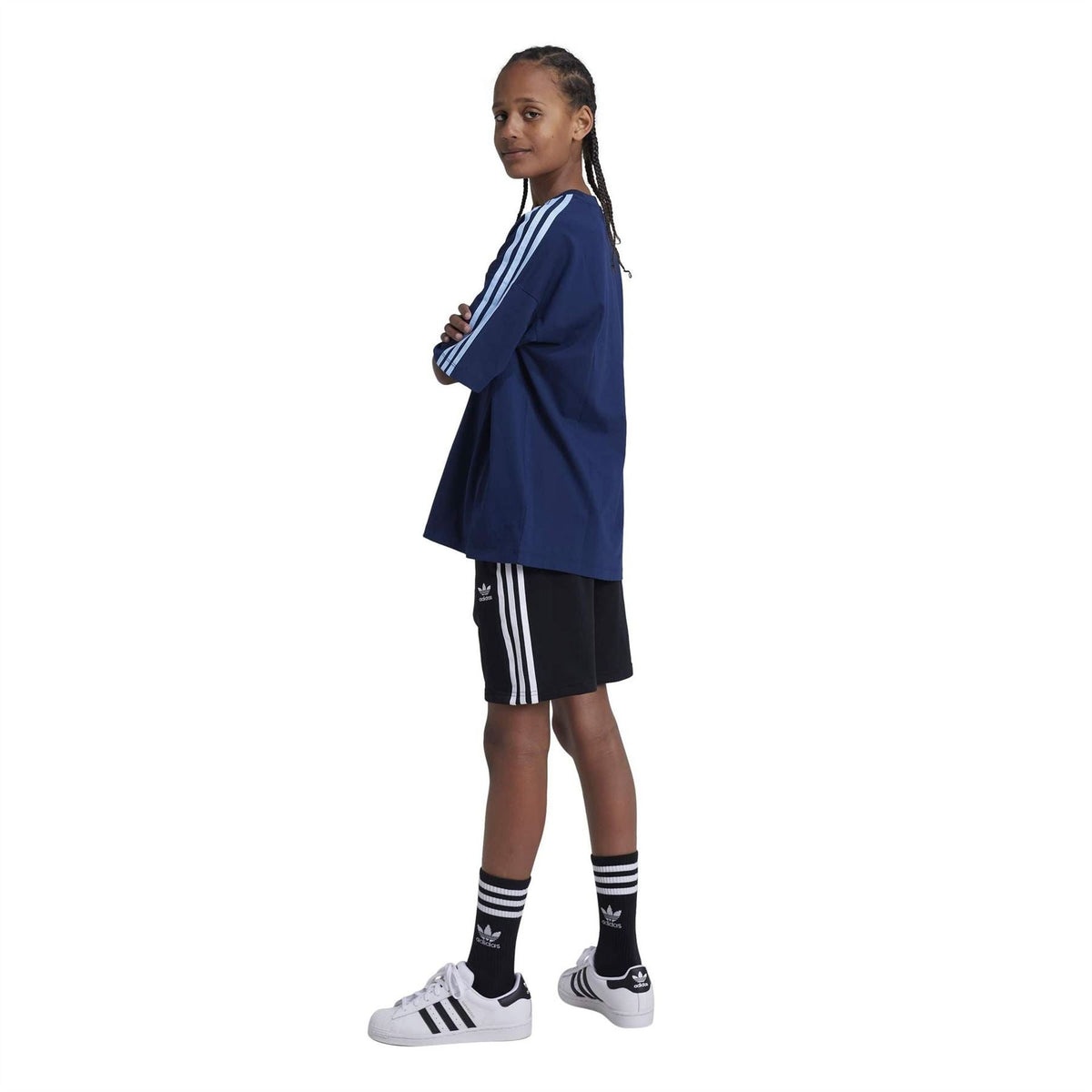 Black adidas sweat shorts with white side stripe panels and drawstring waist