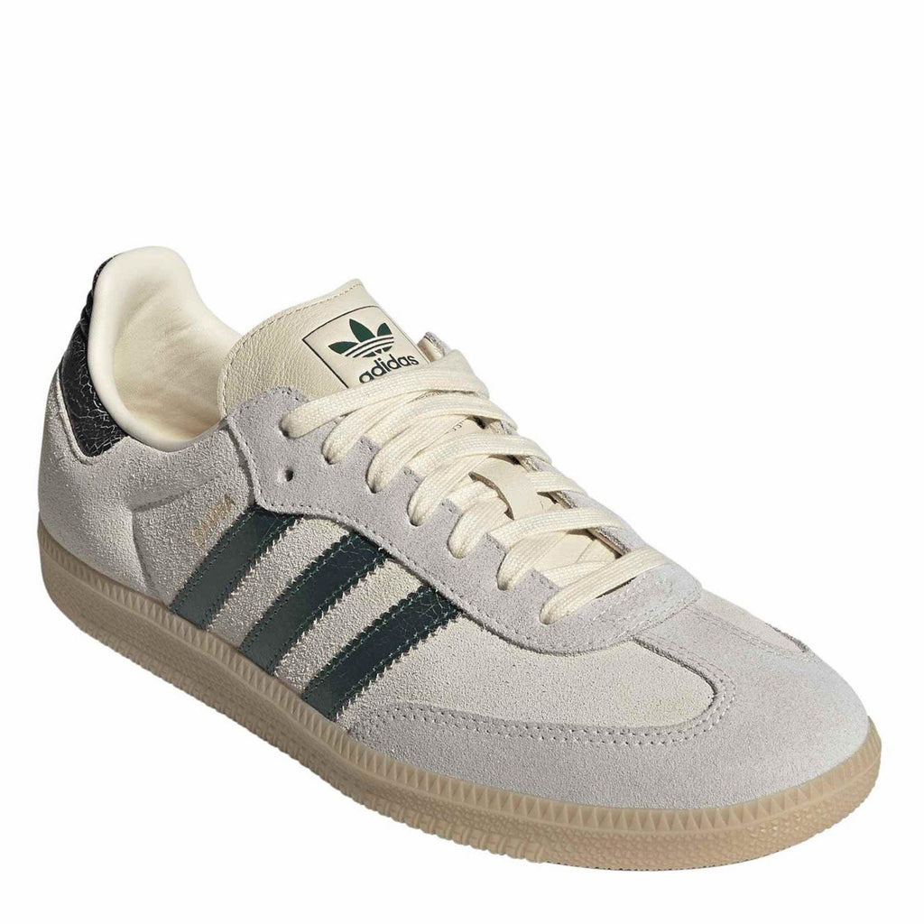 adidas Samba OG low-top sneakers, light gray with green stripes and lace-up front