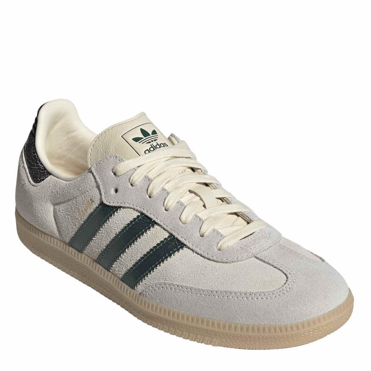 adidas Samba OG low-top sneakers, light gray with green stripes and lace-up front