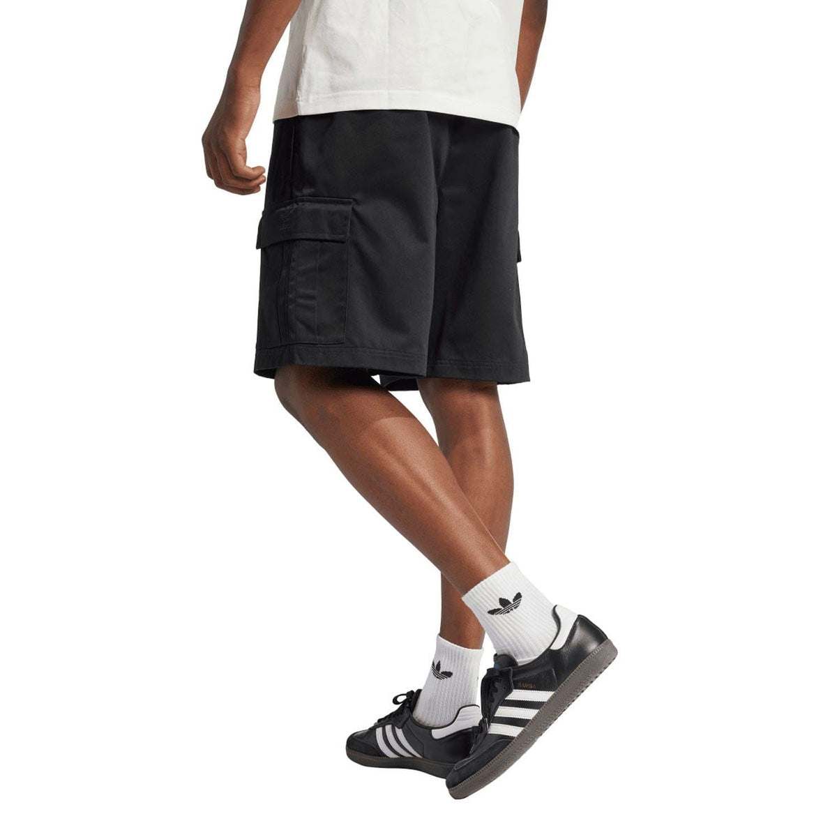 Black cargo shorts with side flap pocket and relaxed knee-length fit