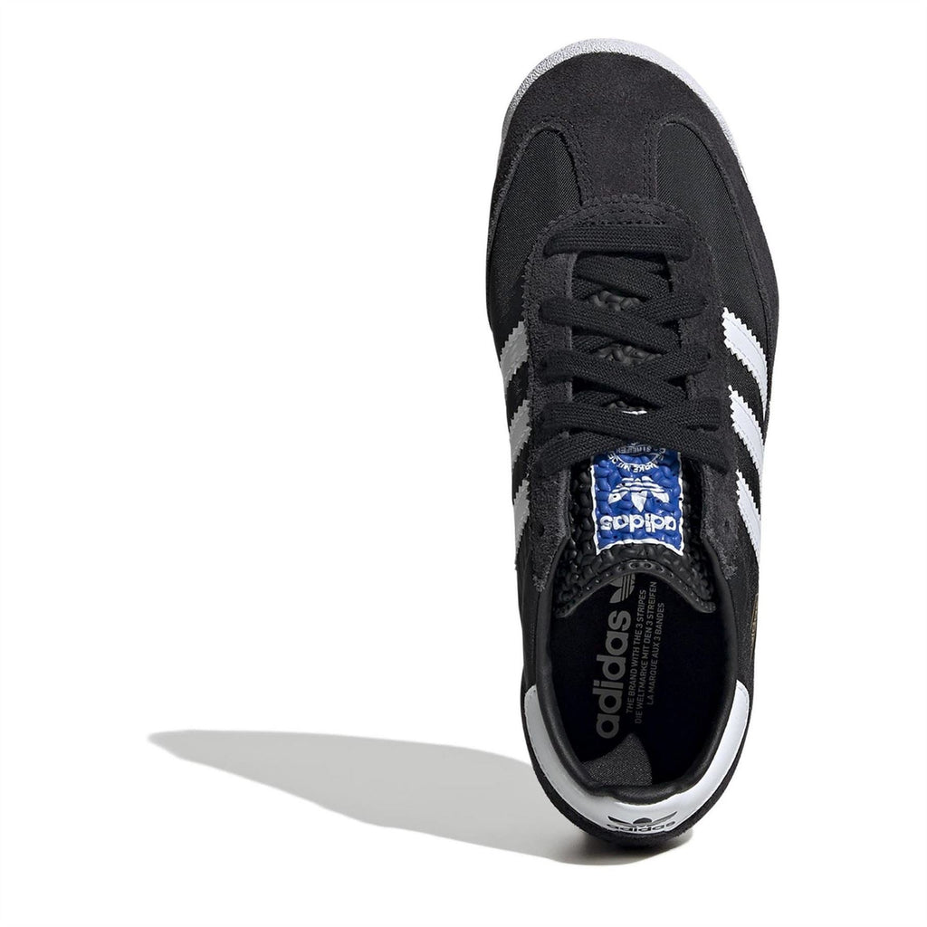 Black low-top lace-up sneakers with black laces and adidas-branded insole detail