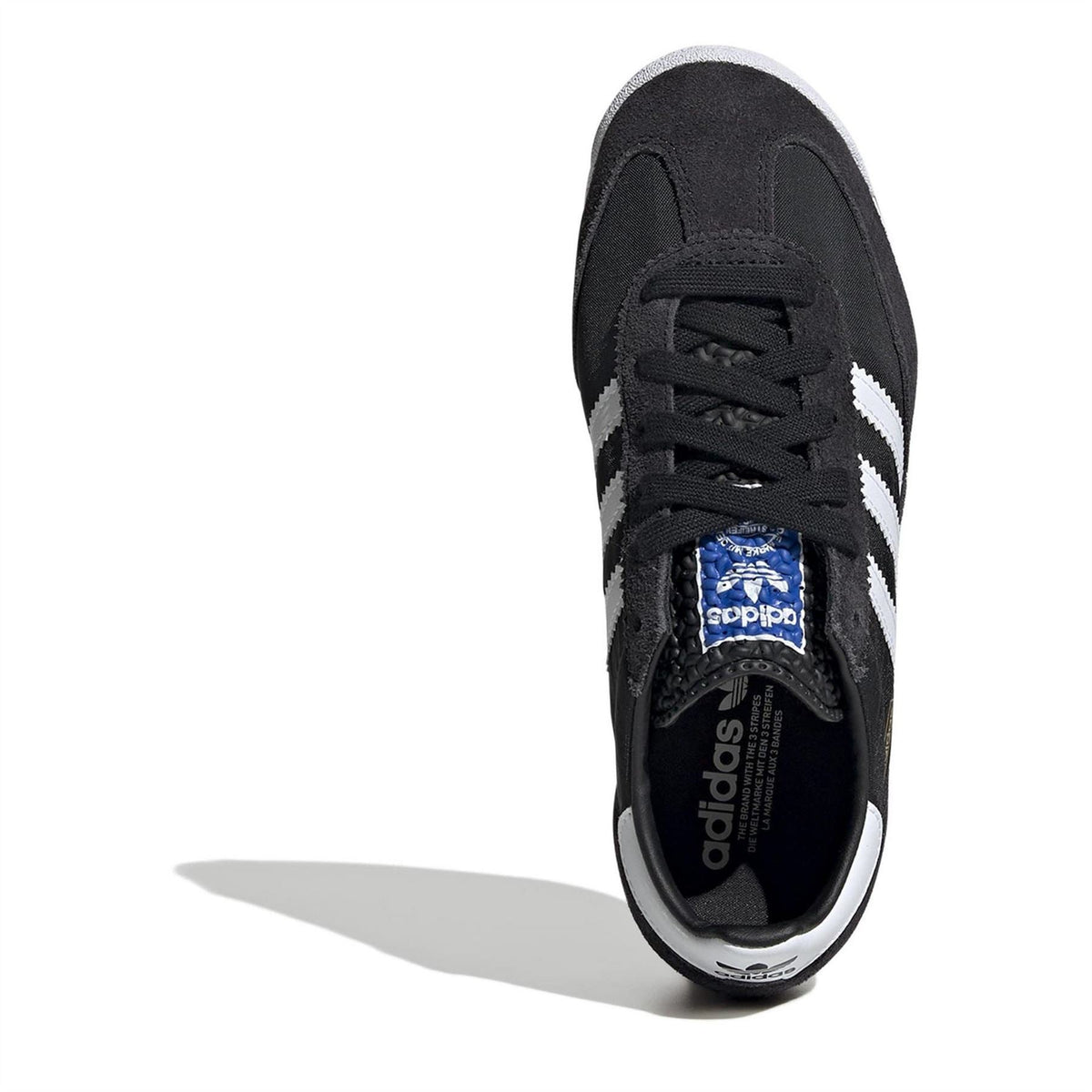 Black low-top lace-up sneakers with black laces and adidas-branded insole detail