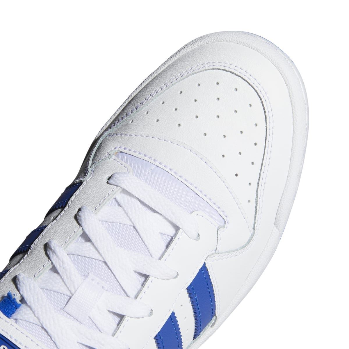 White front panel with perforations, laces, and blue stripe accents