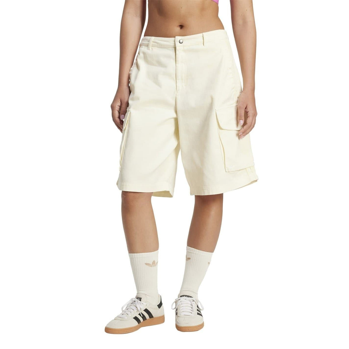 Cream white baggy denim cargo shorts with flap cargo pockets and cuffed hem